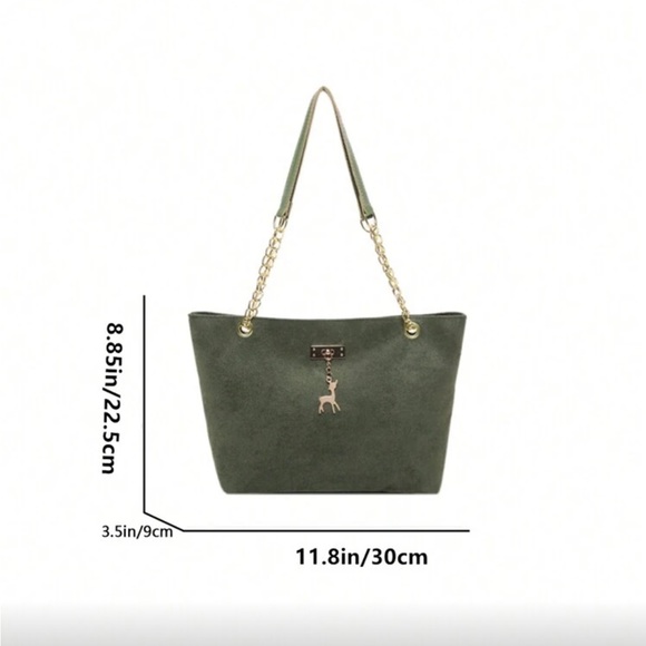 ⚠️Clearance Chain Shoulder Elegant Green Suede Tote Bag with Gold Chain - Picture 3 of 9